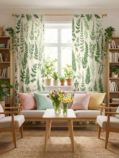 2片装 - 春蕨与蓝色花卉薄纱窗帘：水彩印花，蝴蝶点缀 - 透光面料，是卧室/客厅窗户装饰的理想之选，春季家居装饰，以及充满自然气息的日常装饰。