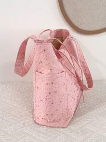 休闲尼龙女士手提包，大容量，时尚星形图案，女士单肩包，新款学生简约风格 - 粉色 - 查看 12