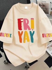 Women's Summer T-Shirt With Casual English Letter, Pencil And Ruler Pattern, Creative Back To School Design, Essential For Spring Break. This Women's Summer Street Fashion T-Shirt Features A Loose Short Sleeve Design, Printed With Casual English Letters, Pencils And Ruler Patterns. - Apricot - View 1
