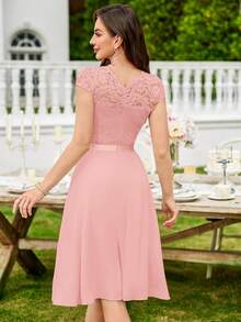 MIUSOL Elegant Solid Color Lace Patchwork Ruffle Hem Cocktail Party Dress Wedding Pink Spring - Pink - View 3