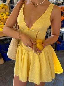 Doriss刺绣镂空收腰V领A字吊带连衣裙，适合舞会、节日、假日、晚宴、情人节、新年、优雅女士、海滩、感恩节、毕业典礼、音乐会等场合，夏季女装 - 黃色 - 查看 2