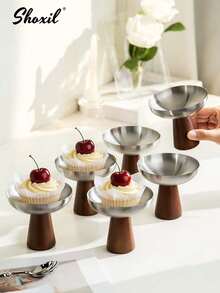 shoxil 1/2/4pcs Wooden Bottom Stainless Steel Tray, Fruit Tray, Dessert Cup, Dish, Plate, Ice Cream Bowl, Yogurt Cup, For Home, Party, Entertaining Guests, Ramadan, Eid Al Adha - Plate - View 3