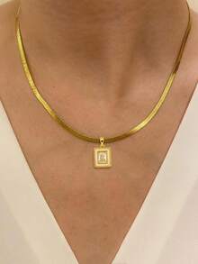 1pc Girl's Pendant Necklace, Minimalist Layered Design, Stainless Steel Flat Chain With Cubic Zirconia Inlaid Rectangular Shell Pendant, Versatile Daily Wear Gift Accessory - Yellow Gold - View 3