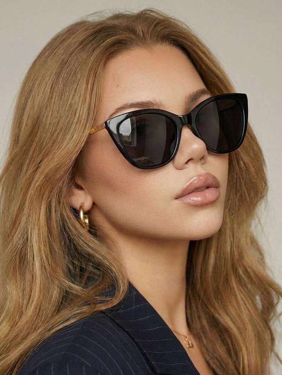 1副女士黑色猫眼PC镜框个性化金属腿街头复古时尚眼镜 - 黑色 - 查看 1