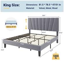 Allewie Full/Queen/King Size Bed Frame With Adjustable Velvet Upholstered Headboard, Rivet-Style Nailhead Trim Detail Platform Bed Frame, Wooden Slat Support, No Box Spring Needed, Easy Assembly, Grey - 灰色 - 查看 10
