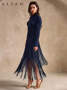 Aliao 春夏流苏高领长袖连衣裙，复古宫廷风优雅派对沙滩裙，藏蓝色，适合正式场合、毕业派对、情人节、海滩装扮 - 藏蓝色 - 查看 5