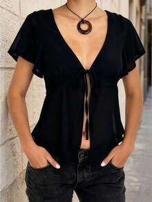 Women's See-through Summer Tie Front Tops Short Sleeve Deep V Neck Trendy Solid Color Sheer T-shirt - Negro - Ver 1