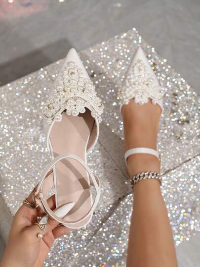 New Fashion Women's Pointed Toe Crystal Bow Mary Jane Shoes, Casual Ankle Strap Sandals
