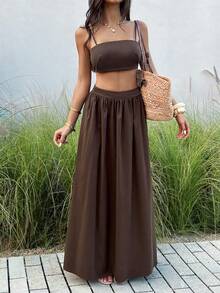 Unadoll 女士夏季性感背心和弹力百褶裙套装，适合约会、度假、情人节和旅行穿着 - 棕色 - 查看 4