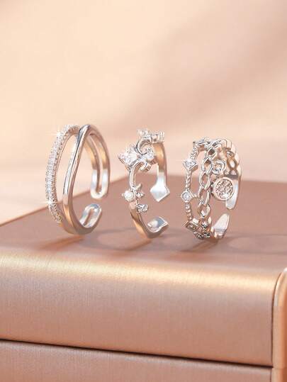  3pcs/Set Fashionable Silver Heart Woven Textured Geometric Rings Set For Women, Innovative Design, Lightweight & Luxurious, Open Rings