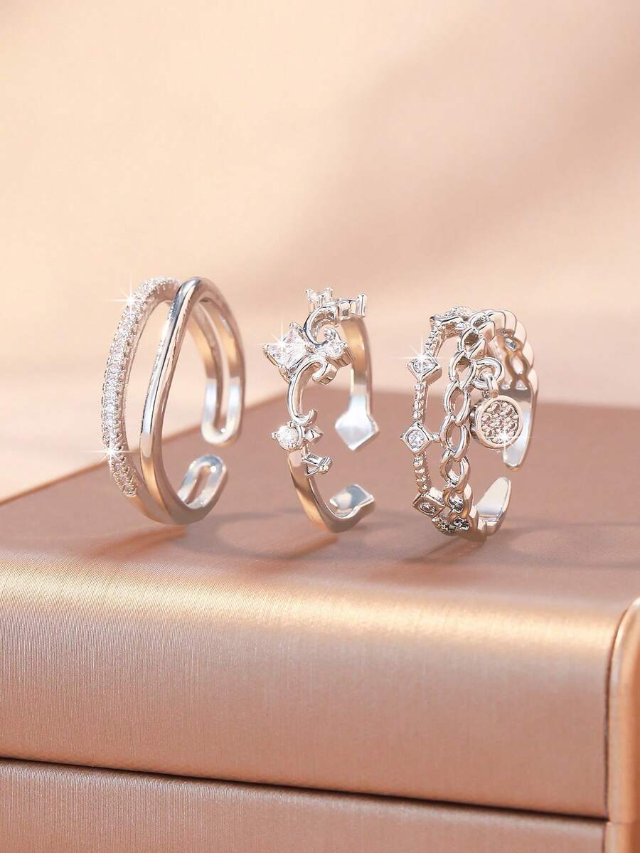 3pcs/Set Fashionable Silver Heart Woven Textured Geometric Rings Set For Women, Innovative Design, Lightweight & Luxurious, Open Rings - Silver - View 1
