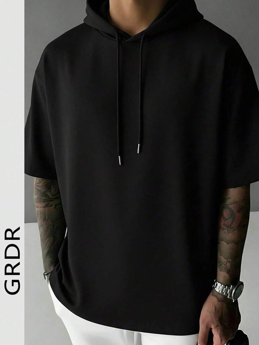 Áo thun ngắn tay có mũ trùm đầu GRDR dành cho nam, kiểu dáng thể thao mùa hè, màu trơn tối giản, phù hợp cho chạy bộ và mặc hàng ngày.