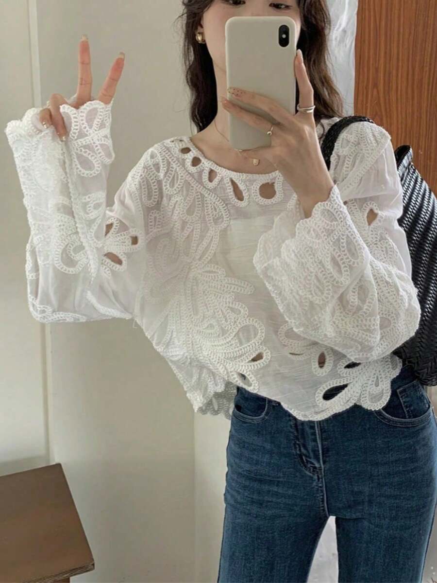 秋季新款高端小众设计百搭镂空刺绣长袖女式衬衫 - 白色 - 查看 1