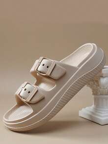 Women's Double Buckle Champagne EVA Sole Flip Flops, Fashionable, Soft, Non-Slip, Suitable For Beach Wear, Spring/Summer - Champagne - View 3