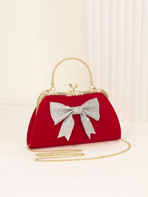 天鹅绒晚宴包，饰有水钻蝴蝶结，配有可拆卸金色手柄，适合派对、婚礼等场合；Y2K风格红色手拿包，闪亮水钻蝴蝶结设计，适合舞会、约会之夜；金色包框搭配水钻蝴蝶结，是节日活动的完美之选。