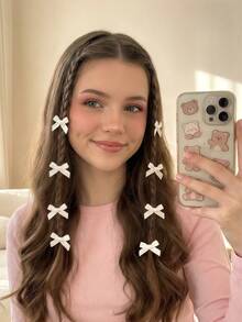 8个装女士彩色丝带发夹蝴蝶结发饰甜美女孩丝绸小发夹优雅公主芭蕾舞Y2K仙女装饰发圈迷你发夹发饰，适合日常使用，可爱，3种颜色可选，情人节礼物，爪夹发夹，发卡，学校用品，大学，女士冬季服装，蝴蝶结，可爱。 - 白色 - 查看 3