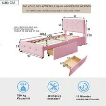 Upholstered Bed 90 X 200 Cm, Slatted Bed With Headboard And Two Drawers, Soft Velvet Fabric, Beige Single Bed, Children's Bed, Junior Bed, Guest Bed (Pink) - Pink - View 11