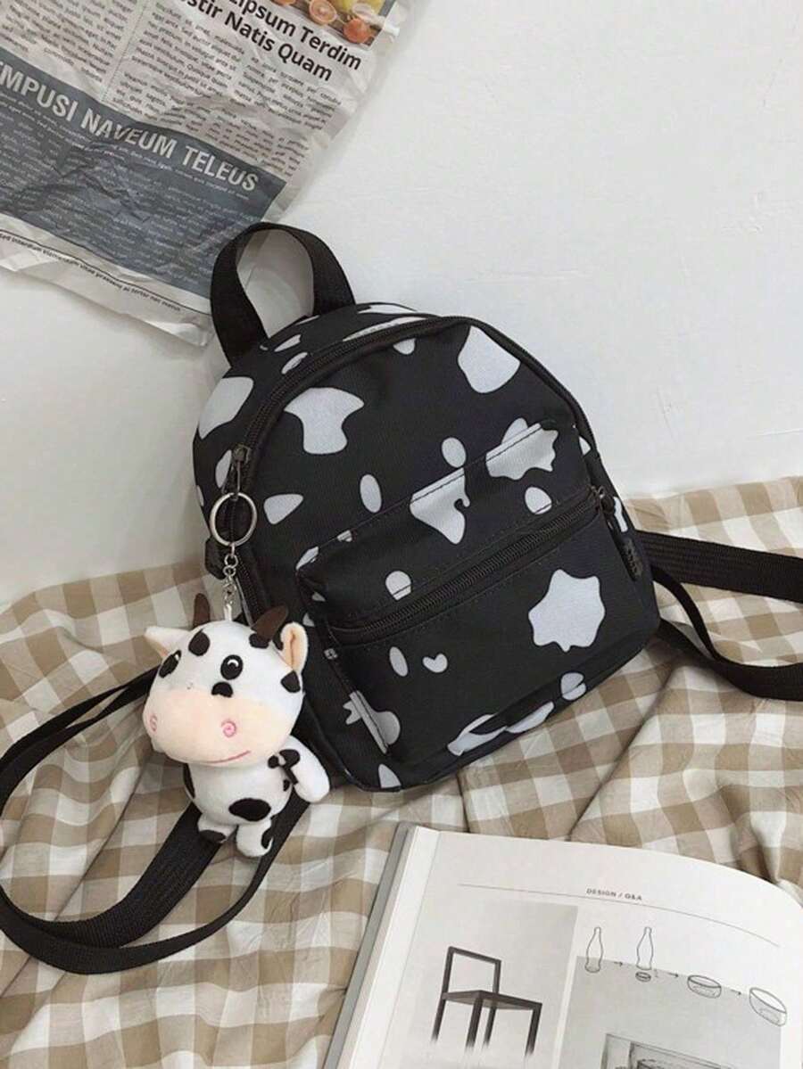 1pc Mini Kawaii Cute Cow Spotted Backpack, Soft Moe Adorable Girly Harajuku Style Canvas Student Schoolbag (Including Pendant) - Black - View 1