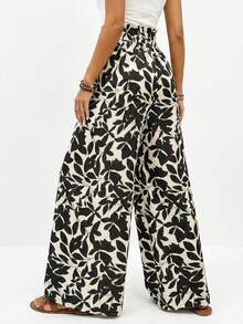 女士波西米亚风花卉叶子印花高腰褶皱阔腿沙滩裤，适合度假春季穿着，黑色 - 黑色 - 查看 5