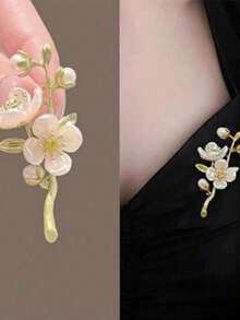 1Pcs Vintage Style Green Jasmine Flower Brooch With Pearl Accents Plant Botanical Floral Pin For Women Anti Slip Safety Clasp For Suits Blazers Dresses Shawls Elegant Pearl Corsage Leaf Design Accessory For Daily Wear Office Wedding Party Formal Events Thanksgiving Christmas Mothers Day Gift For Her Mom Wife Daughter Friend - trắng - Xem 10