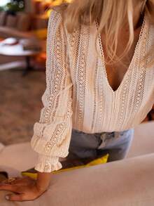 女士休闲V领纯色长袖衬衫 - 杏色 - 查看 1