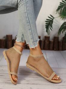 2025 Round Toe Flat Hollow Peep Toe Open Toe Rhinestone Sandals, Women Plus Size Casual Fishnet Breathable Slip-On Elastic Band Rhinestone Slouchy Shoes, In Stock - Gold - View 2