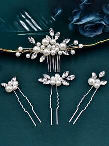 一套手工U型叶子发夹，新娘发饰，伴娘发饰，礼物，婚礼发饰 - 銀色 - 查看 7