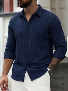 WAIT HIM Men's Casual Front Button Striped Print Long Sleeve Shirt - Blue - View 3