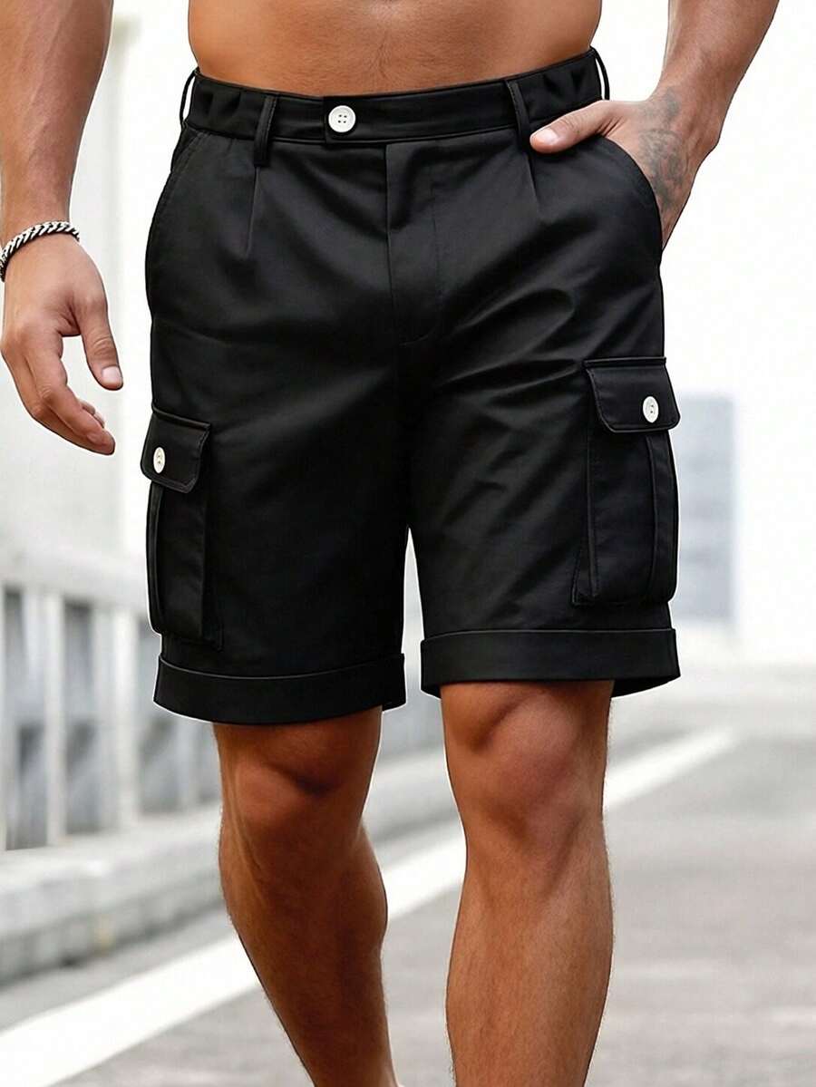 Pantalones cortos cargo negros con pliegues para hombres, con botón en la cintura, puños y múltiples bolsillos, estilo urbano - Negro - Ver 1
