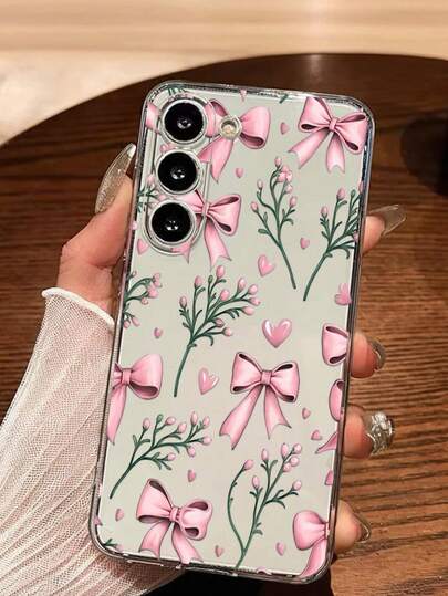 1pc Fashionable Pink Heart & Bow Soft Phone Case, Compatible With Huawei Honor, Redmi, MOTO, Galaxy A04e/12/A13/A14/A34/A50/A52/A53/A54/S21/S22/S23/S24/S25/S25Ultra/S25FE/S26/S26 PLUS/S26 ULTRA/S26 EDGE, 6A/7A/8A, 12T/13T/15T/15T Pro