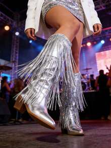 Women's Knee High Boots Cowgirl Shiny Sequin Tassel Boots Pointed Toe Chunky Heel Western Boots Slip On Party Dress Concert Boots Women - 銀色 - 查看 2