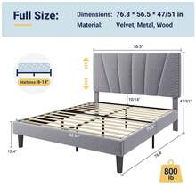 Allewie Full/Queen/King Size Bed Frame With Adjustable Velvet Upholstered Headboard, Rivet-Style Nailhead Trim Detail Platform Bed Frame, Wooden Slat Support, No Box Spring Needed, Easy Assembly, Grey - 灰色 - 查看 8