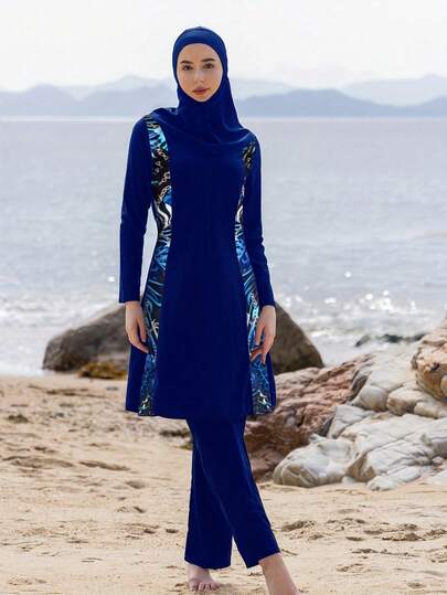 Middle Eastern Style Women Long Sleeve Long Pants 3 Pieces Set With Headscarf, Conservative Modest Swimwear For Beach, Summer Sports Vacation