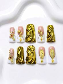Handmade Long Duckbill Press On Nails, Gold Textured Base, Rose Accents, Special Events, Elegant Looks Summer Easter - 許多 - 查看 2