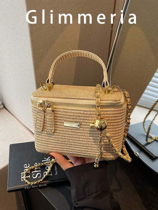 1-Piece New Style Simple Casual Versatile Woven Straw Bag Lunch Box Small Bag Chain Shoulder Messenger Bag Holiday Season Hot Small Bag Shoulder Messenger Bag,Vacay Vibes,Beachweekend,Utilitarian Chic