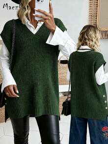 Áo len chui đầu không tay cổ chữ V thoải mái, dáng rộng cho nữ cỡ lớn - màu xanh lá - Xem 5