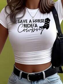 Women's Save A Horse Ride A Cowboy Graphic Crop Top - Stretchy Casual Short Sleeve Shirt With Western Design, Round Neck & Midriff-Baring Fit For Summer Outfits, Cowboy Accessories, Outfit Enhancer, Medium Elasticity - 白色 - 查看 1