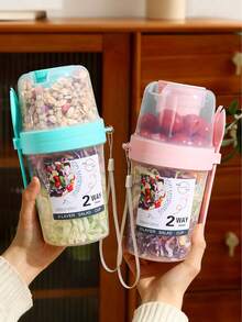 1pc Breakfast Salad Cup,Breakfast Food Container Jar,Creative Double-Layer Salad Cup,Portable Fruit & Vegetable Light Food With Fork Cover,Suitable For Yogurt,Oatmeal,Fruit,Slimming Fitness Diet Cup,Travel Water Cup,For Picnic Camping,Kitchen,School. - Multicolor - View 1