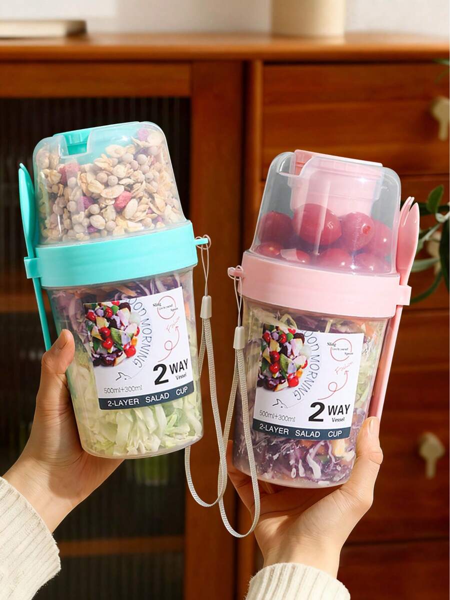 1pc Breakfast Salad Cup,Breakfast Food Container Jar,Creative Double-Layer Salad Cup,Portable Fruit & Vegetable Light Food With Fork Cover,Suitable For Yogurt,Oatmeal,Fruit,Slimming Fitness Diet Cup,Travel Water Cup,For Picnic Camping,Kitchen,School. - Multicolor - View 1