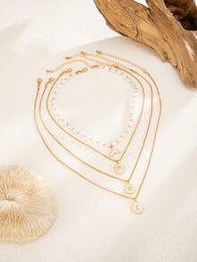 4件套海洋假日几何链条项链，仿珍珠串珠，贝壳，扇贝，鱼尾吊坠，优雅奢华，适合婚礼、派对、海滩、休闲、街头风格，女士及情侣款，假日、生日礼物 - 金色 - 查看 6