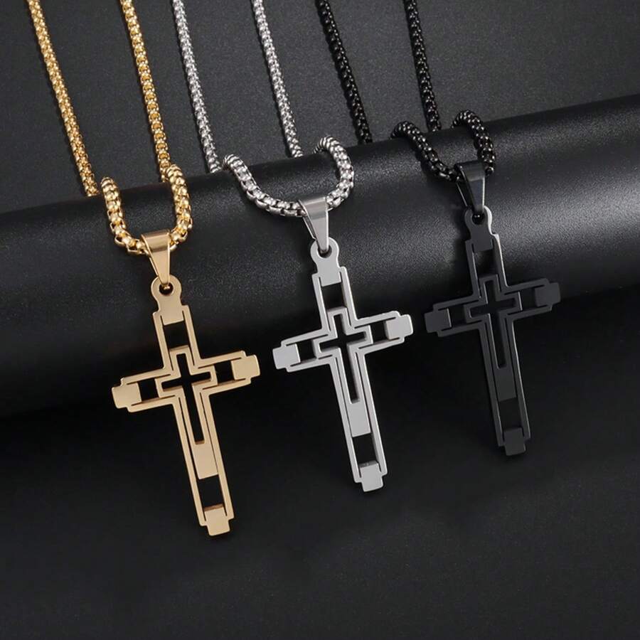 SeuSuk 1pc Fashionable Hollow Cross Pendant Necklace, Unisex Party/Gathering Street Accessory - Silver - View 1