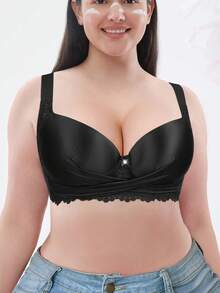 Plus Size Lace Wide Strap Bra - Smooth Thin Padding, Bow Decor, Underwire Support, Lace Trim - Black - View 5