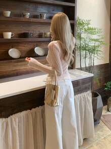 Slim Fit Hollow Out Knit Sweater For Women, Long Sleeve Top - Pink - View 2