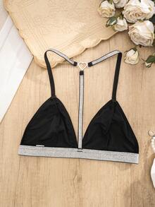 1pc Women's Bra With Silver Spaghetti Straps And Y-Back Design, Casual And Comfortable - Black - View 2