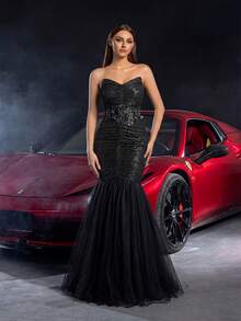 Faeriesty Elegant Black Strapless Mermaid Evening Gown With Sequin Bodice & 3D Floral Embellishment, Tulle Net Skirt Formal Dress For Gala, Wedding Guest, Black Tie Event, Formal Dinner - Black - View 5