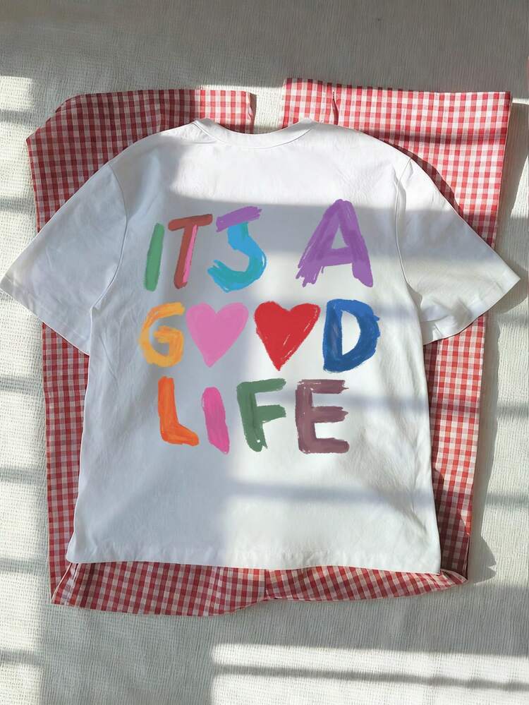 Women's Colorful Slogan Print Casual Round Neck Short Sleeve T-Shirt, New Summer Style, Suitable For Daily Wear. Vacation, Women's Graphic Tee, Women's White Top - White - View 6