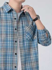 【早春/夏新品】水洗浅蓝色格子休闲衬衫 | 宽松落肩设计 + 实用口袋，男士户外叠穿衬衫 - 霧霾藍 - 查看 5