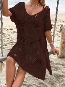 女士时尚休闲镂空罩衫（不含比基尼）度假海滩夏季 - 咖啡棕 - 查看 5