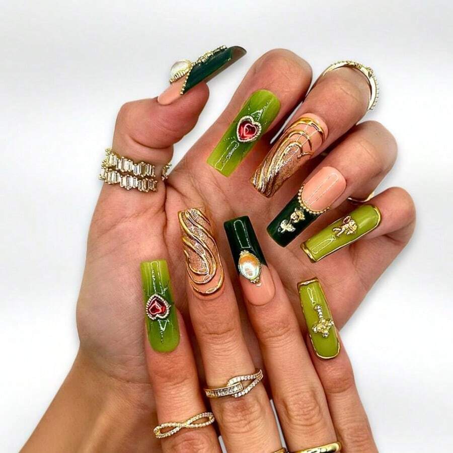 DiDaNail 10 PCS Handmade Square Press-On Nails | Pink-Green Religious Luxe Style With Pink & Green Bases, Cross & Gem Frame Embellishments - Lime Green - View 1