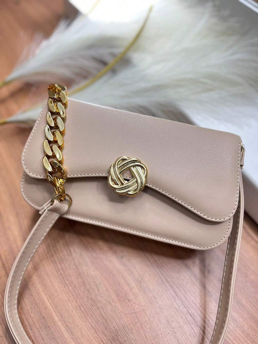 Medium-Sized Plastic Flower-Shaped Bag With Hardware. - Khaki - View 1